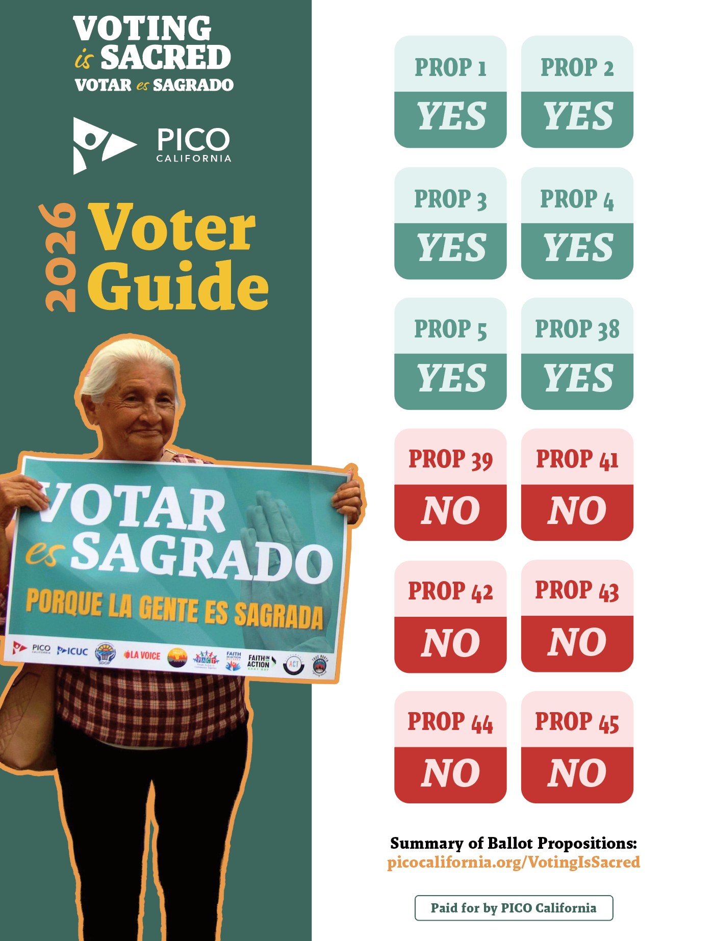 Voting Is Sacred 2026 Voter Guide from PICO California: Yes on Propositions 1, 2, 3, 4, 5 and 38. No on Propositions 39, 41, 42, 43, 44 and 45. Paid for by PICO California.